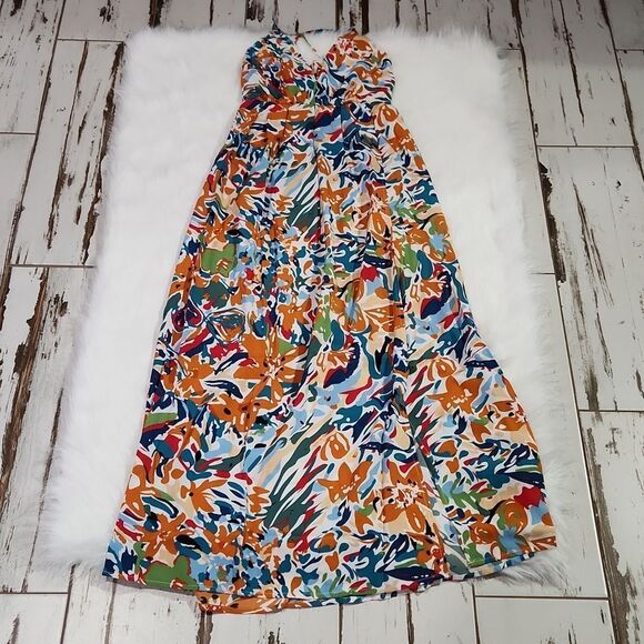 Simplee floral tropical dress‎ open back front slit Large - Picture 7 of 9